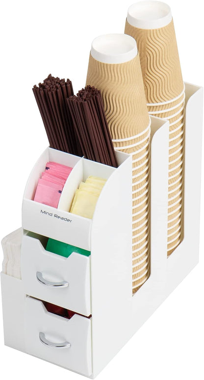 Cup and Condiment Station, Countertop Organizer, Coffee Bar, Kitchen, Stirrers, 5.375"L x 12"W x 11.25"H, White