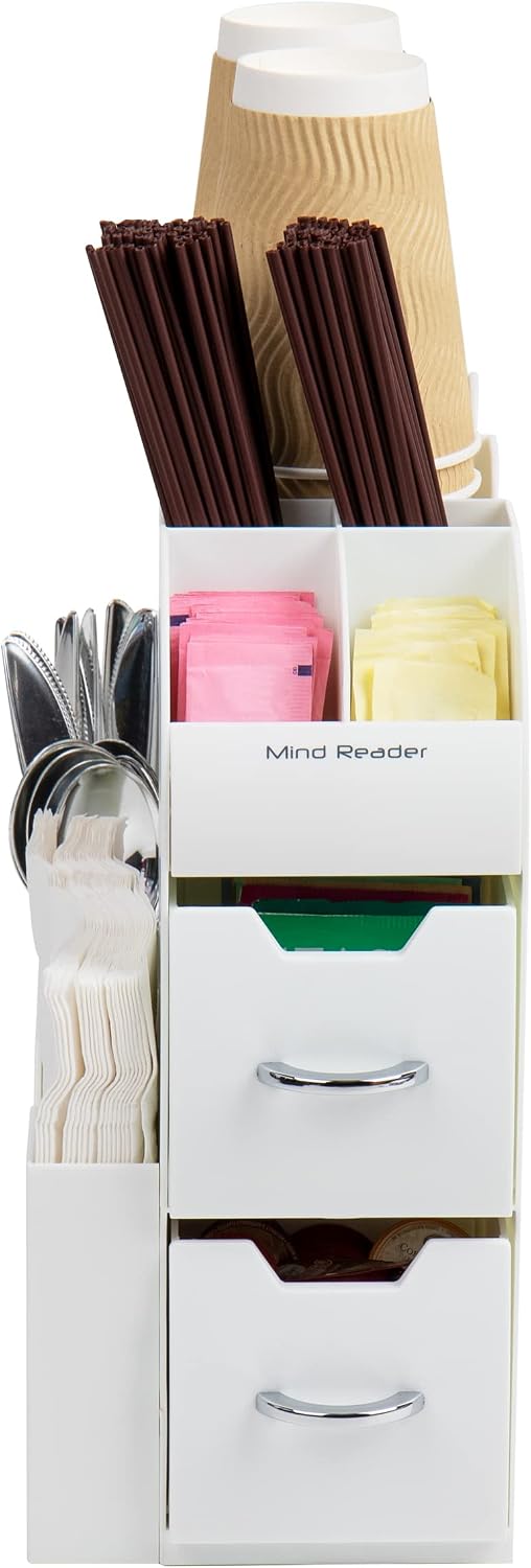 Cup and Condiment Station, Countertop Organizer, Coffee Bar, Kitchen, Stirrers, 5.375"L x 12"W x 11.25"H, White