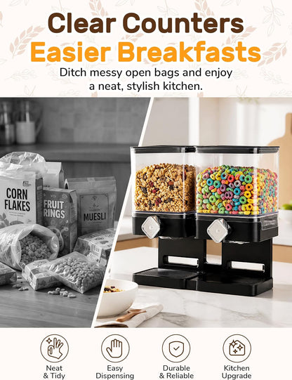 Dual Cereal Dispenser, 7.4L Large Cereal Storage Container | 2*3.7L Compartments, Countertop Rotating Grain Dispenser with Transparent Bins, for Cereal, Oats, Rice, Beans, Snacks