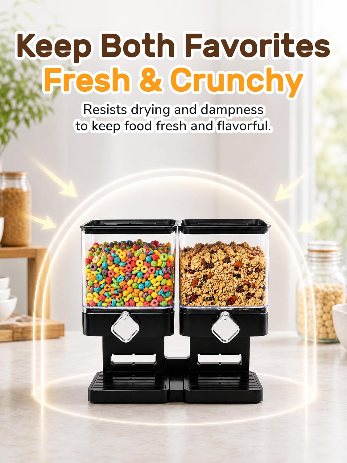 Dual Cereal Dispenser, 7.4L Large Cereal Storage Container | 2*3.7L Compartments, Countertop Rotating Grain Dispenser with Transparent Bins, for Cereal, Oats, Rice, Beans, Snacks
