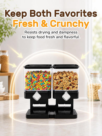 Dual Cereal Dispenser, 7.4L Large Cereal Storage Container | 2*3.7L Compartments, Countertop Rotating Grain Dispenser with Transparent Bins, for Cereal, Oats, Rice, Beans, Snacks