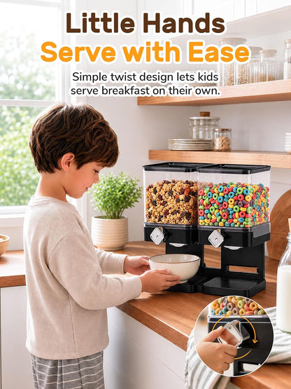 Dual Cereal Dispenser, 7.4L Large Cereal Storage Container | 2*3.7L Compartments, Countertop Rotating Grain Dispenser with Transparent Bins, for Cereal, Oats, Rice, Beans, Snacks