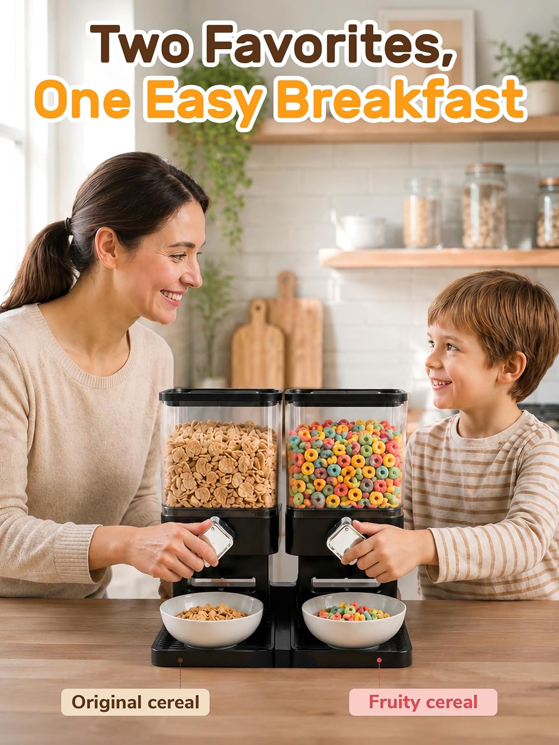 Dual Cereal Dispenser, 7.4L Large Cereal Storage Container | 2*3.7L Compartments, Countertop Rotating Grain Dispenser with Transparent Bins, for Cereal, Oats, Rice, Beans, Snacks