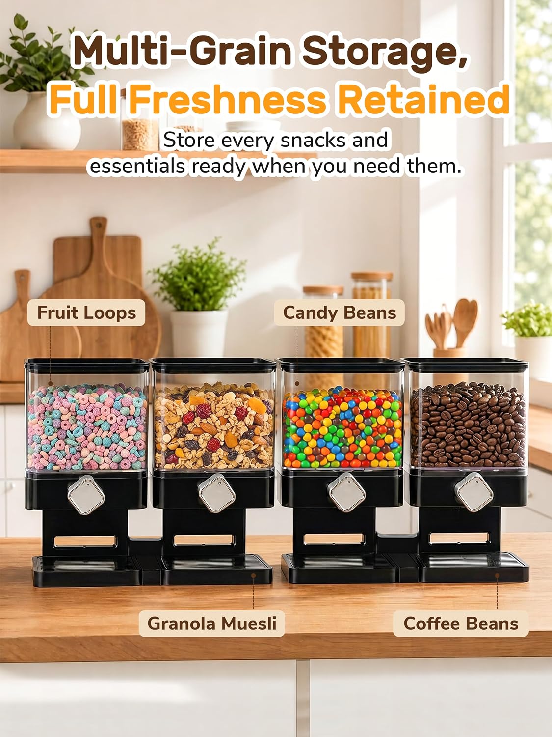 Dual Cereal Dispenser, 7.4L Large Cereal Storage Container | 2*3.7L Compartments, Countertop Rotating Grain Dispenser with Transparent Bins, for Cereal, Oats, Rice, Beans, Snacks