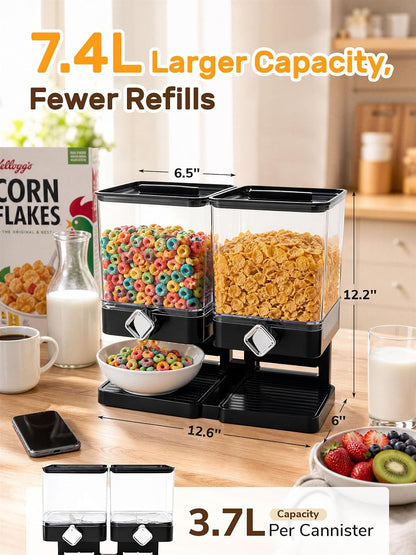 Dual Cereal Dispenser, 7.4L Large Cereal Storage Container | 2*3.7L Compartments, Countertop Rotating Grain Dispenser with Transparent Bins, for Cereal, Oats, Rice, Beans, Snacks