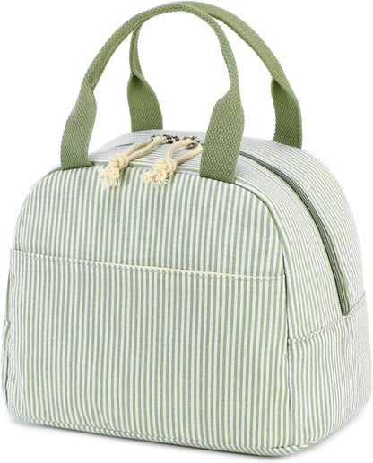 Lunch Box for Women Cute Lunch Bag Reusable Insulated Lunch Bags Large Capacity Lunchbox Cooler for Work Picnic or Travel Gifts (A Sage Green White Stripes, 10 x 7.5 x 8 inches)