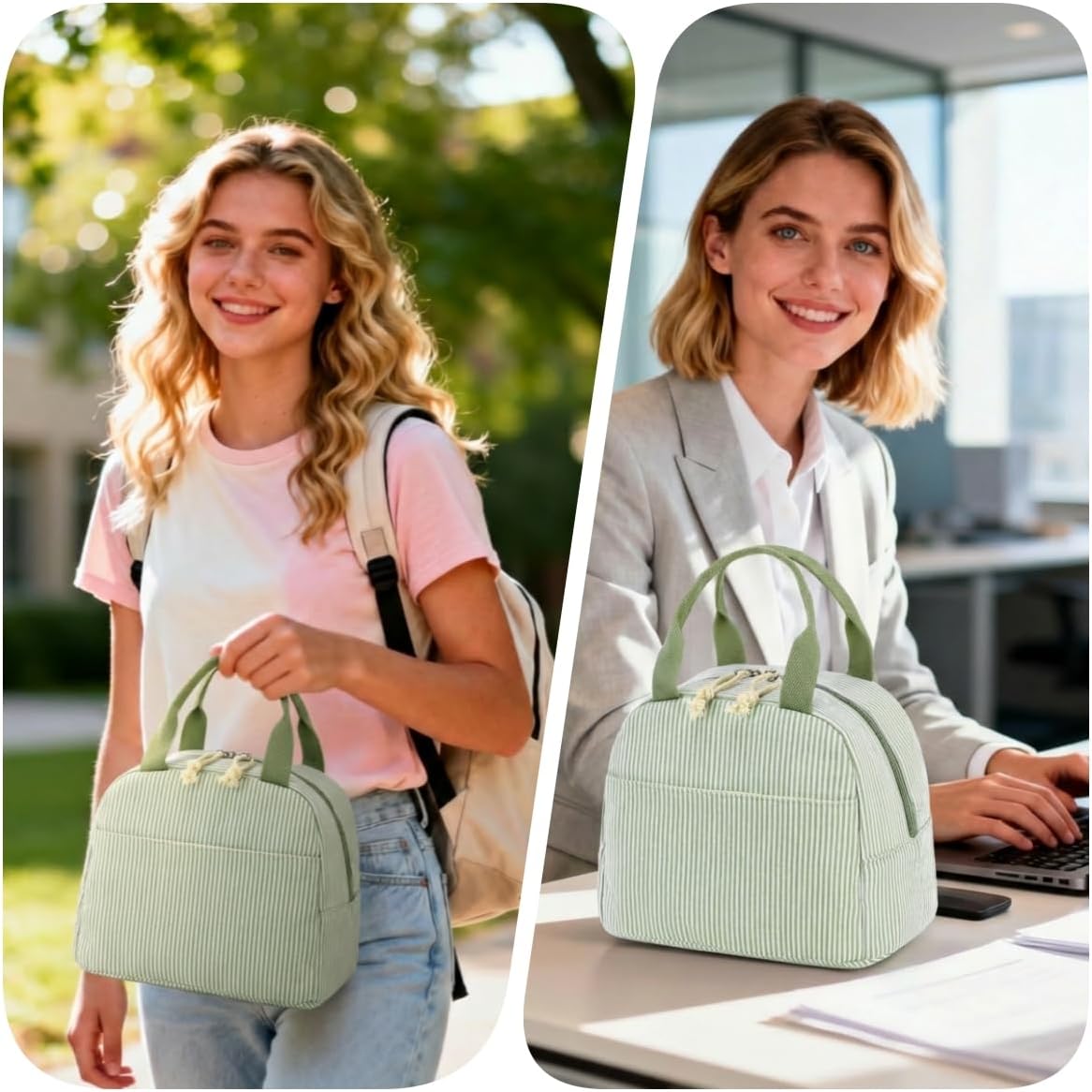 Lunch Box for Women Cute Lunch Bag Reusable Insulated Lunch Bags Large Capacity Lunchbox Cooler for Work Picnic or Travel Gifts (A Sage Green White Stripes, 10 x 7.5 x 8 inches)