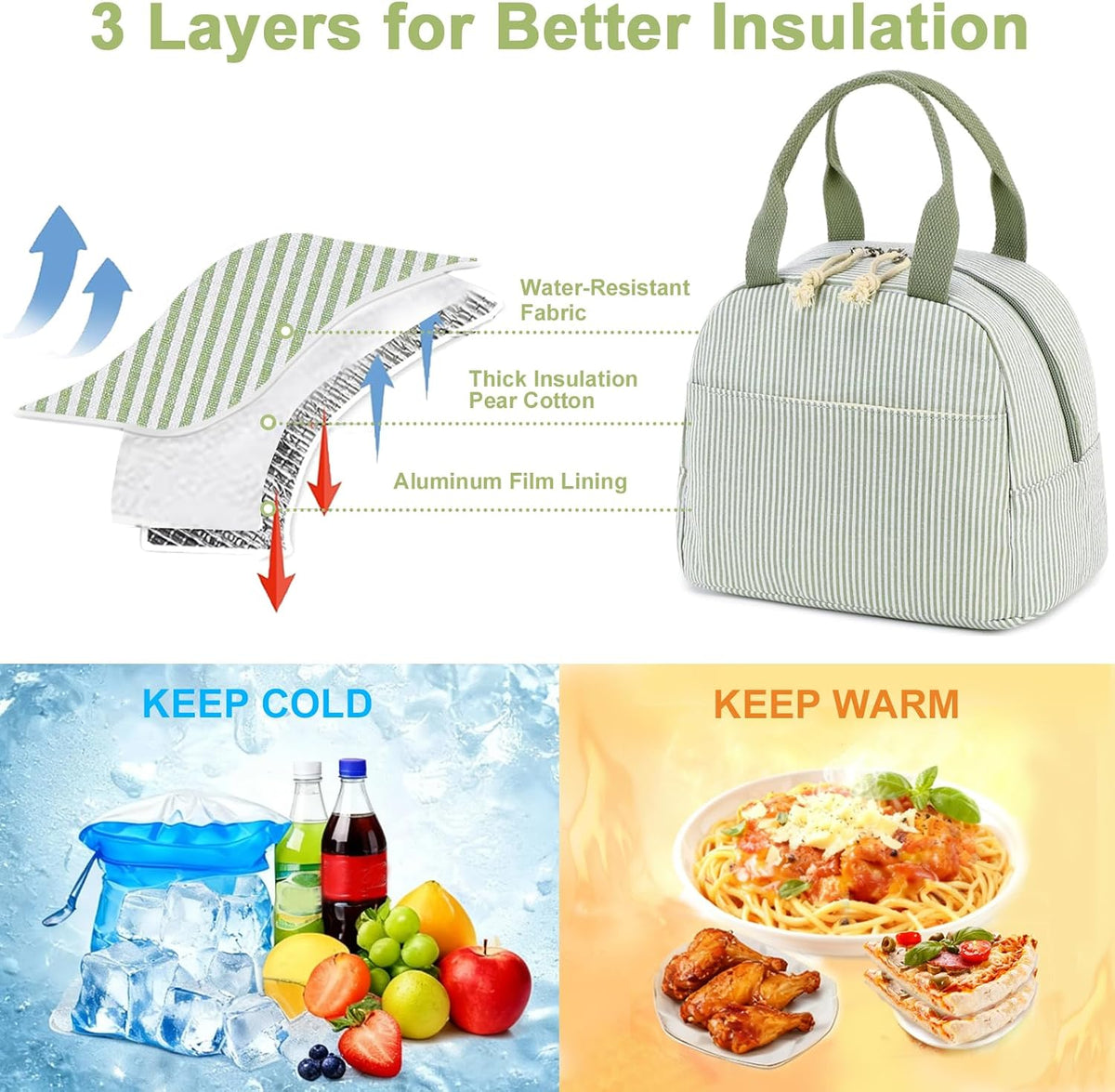 Lunch Box for Women Cute Lunch Bag Reusable Insulated Lunch Bags Large Capacity Lunchbox Cooler for Work Picnic or Travel Gifts (A Sage Green White Stripes, 10 x 7.5 x 8 inches)