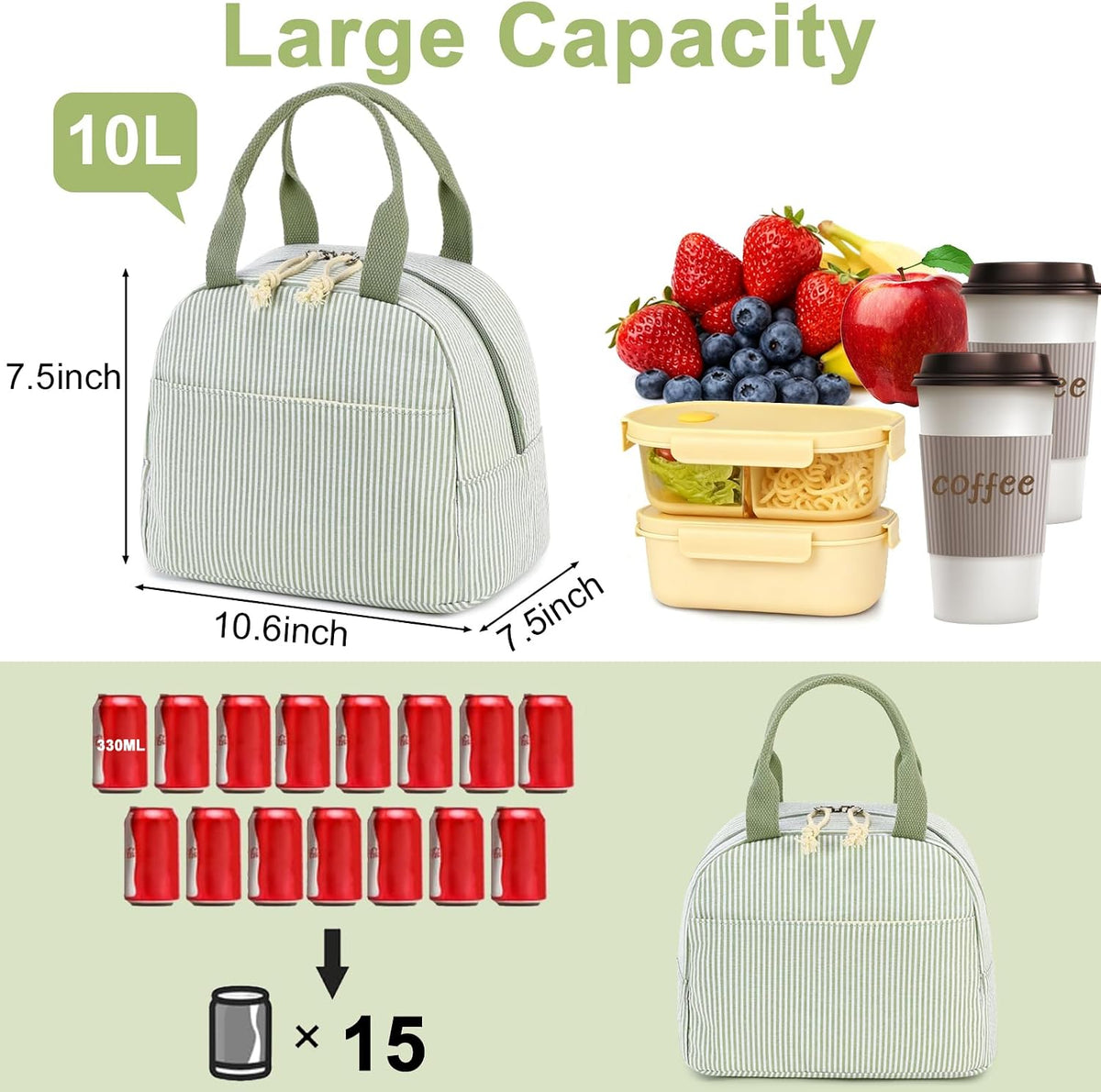 Lunch Box for Women Cute Lunch Bag Reusable Insulated Lunch Bags Large Capacity Lunchbox Cooler for Work Picnic or Travel Gifts (A Sage Green White Stripes, 10 x 7.5 x 8 inches)