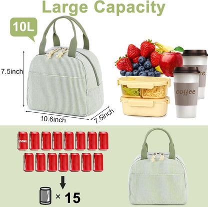 Lunch Box for Women Cute Lunch Bag Reusable Insulated Lunch Bags Large Capacity Lunchbox Cooler for Work Picnic or Travel Gifts (A Sage Green White Stripes, 10 x 7.5 x 8 inches)