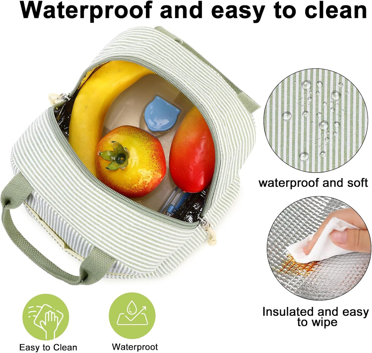 Lunch Box for Women Cute Lunch Bag Reusable Insulated Lunch Bags Large Capacity Lunchbox Cooler for Work Picnic or Travel Gifts (A Sage Green White Stripes, 10 x 7.5 x 8 inches)