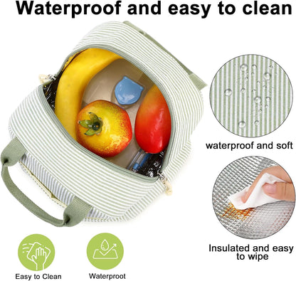 Lunch Box for Women Cute Lunch Bag Reusable Insulated Lunch Bags Large Capacity Lunchbox Cooler for Work Picnic or Travel Gifts (A Sage Green White Stripes, 10 x 7.5 x 8 inches)