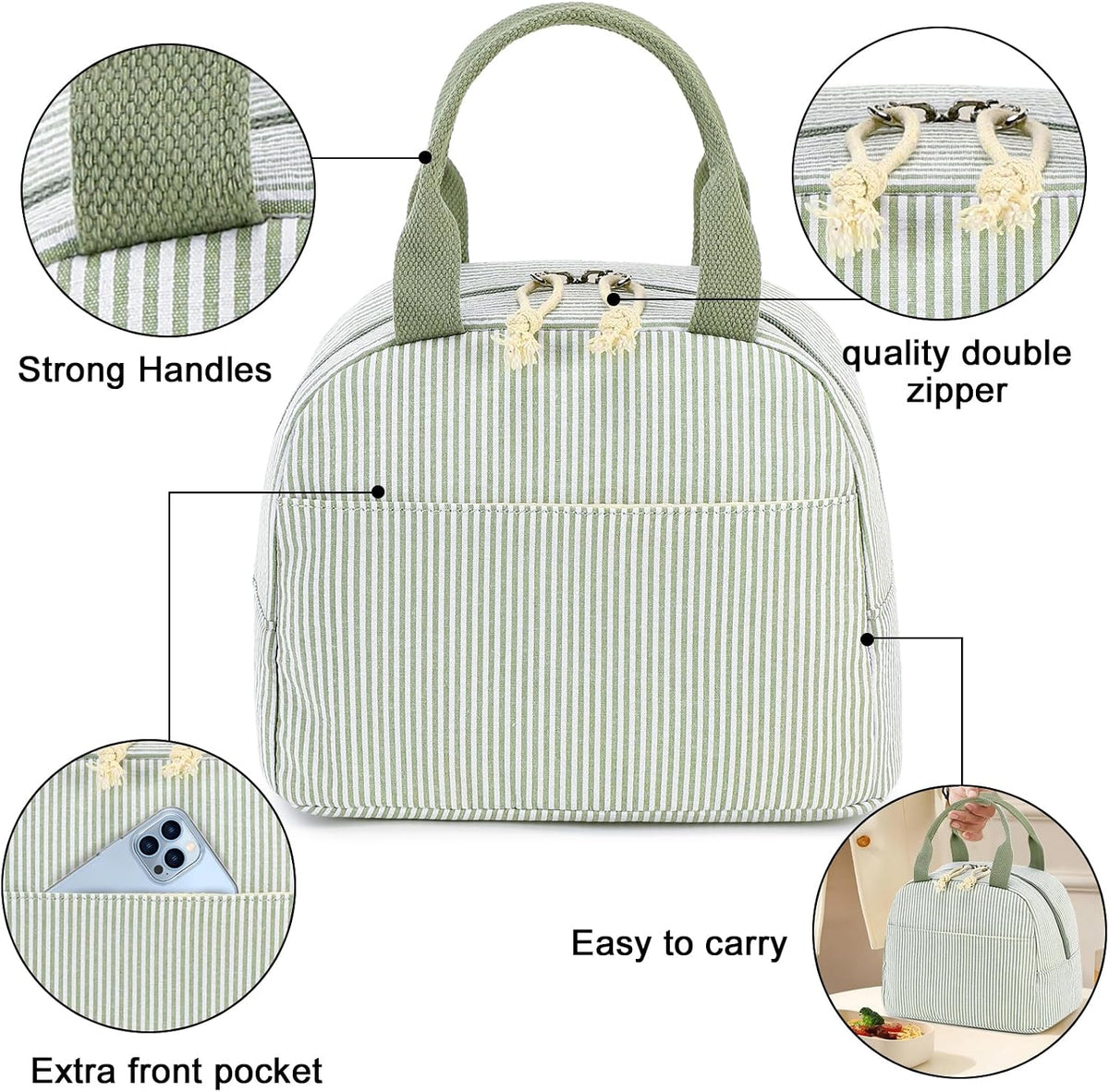 Lunch Box for Women Cute Lunch Bag Reusable Insulated Lunch Bags Large Capacity Lunchbox Cooler for Work Picnic or Travel Gifts (A Sage Green White Stripes, 10 x 7.5 x 8 inches)