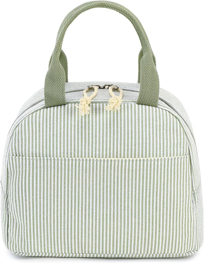 Lunch Box for Women Cute Lunch Bag Reusable Insulated Lunch Bags Large Capacity Lunchbox Cooler for Work Picnic or Travel Gifts (A Sage Green White Stripes, 10 x 7.5 x 8 inches)