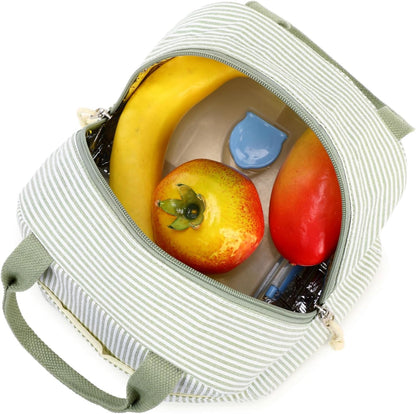 Lunch Box for Women Cute Lunch Bag Reusable Insulated Lunch Bags Large Capacity Lunchbox Cooler for Work Picnic or Travel Gifts (A Sage Green White Stripes, 10 x 7.5 x 8 inches)