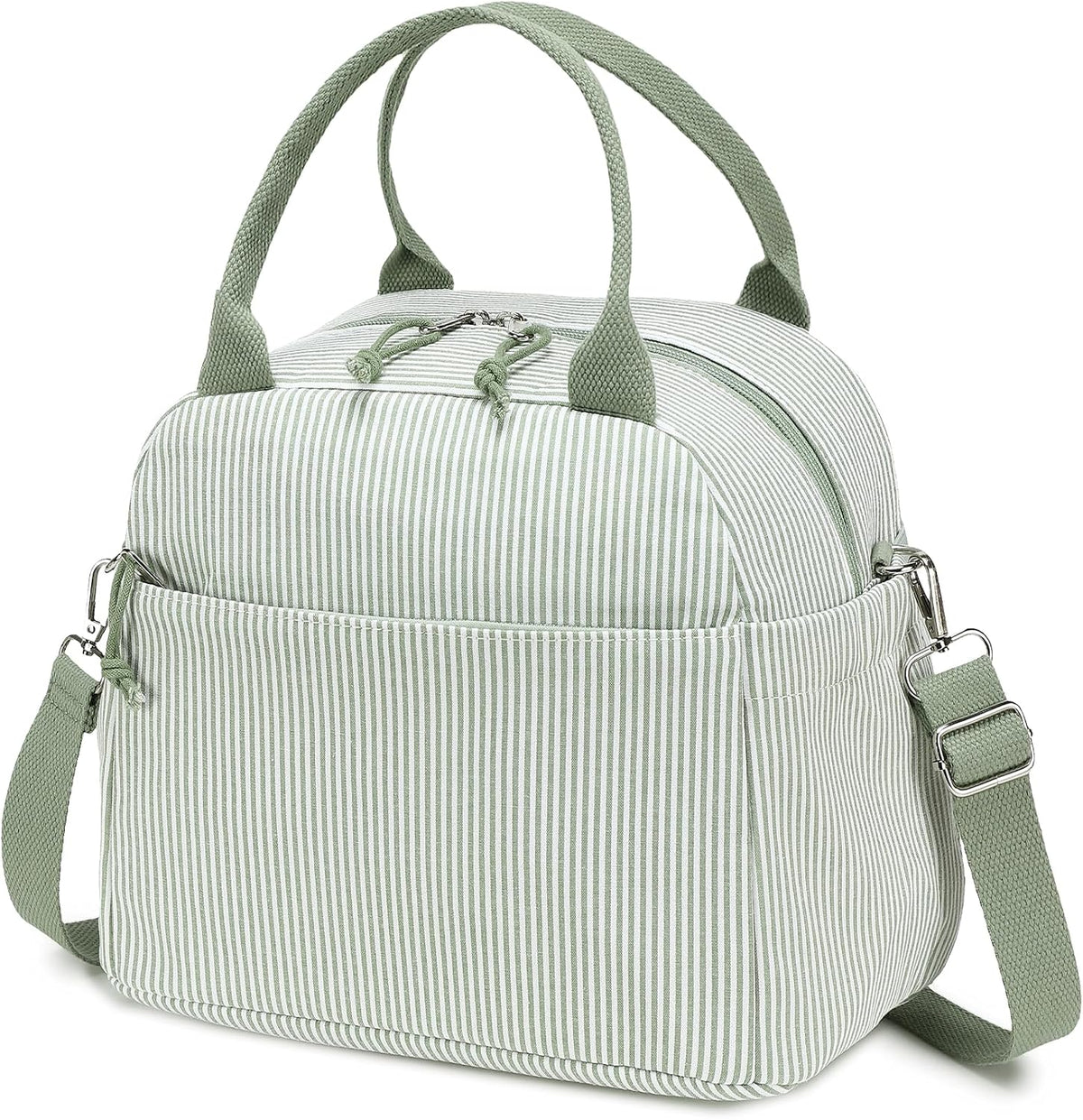 Lunch Box for Women Cute Lunch Bag Reusable Insulated Lunch Bags Large Capacity Lunchbox Cooler for Work Picnic or Travel Gifts (A Sage Green White Stripes, 10 x 7.5 x 8 inches)