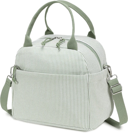 Lunch Box for Women Cute Lunch Bag Reusable Insulated Lunch Bags Large Capacity Lunchbox Cooler for Work Picnic or Travel Gifts (A Sage Green White Stripes, 10 x 7.5 x 8 inches)