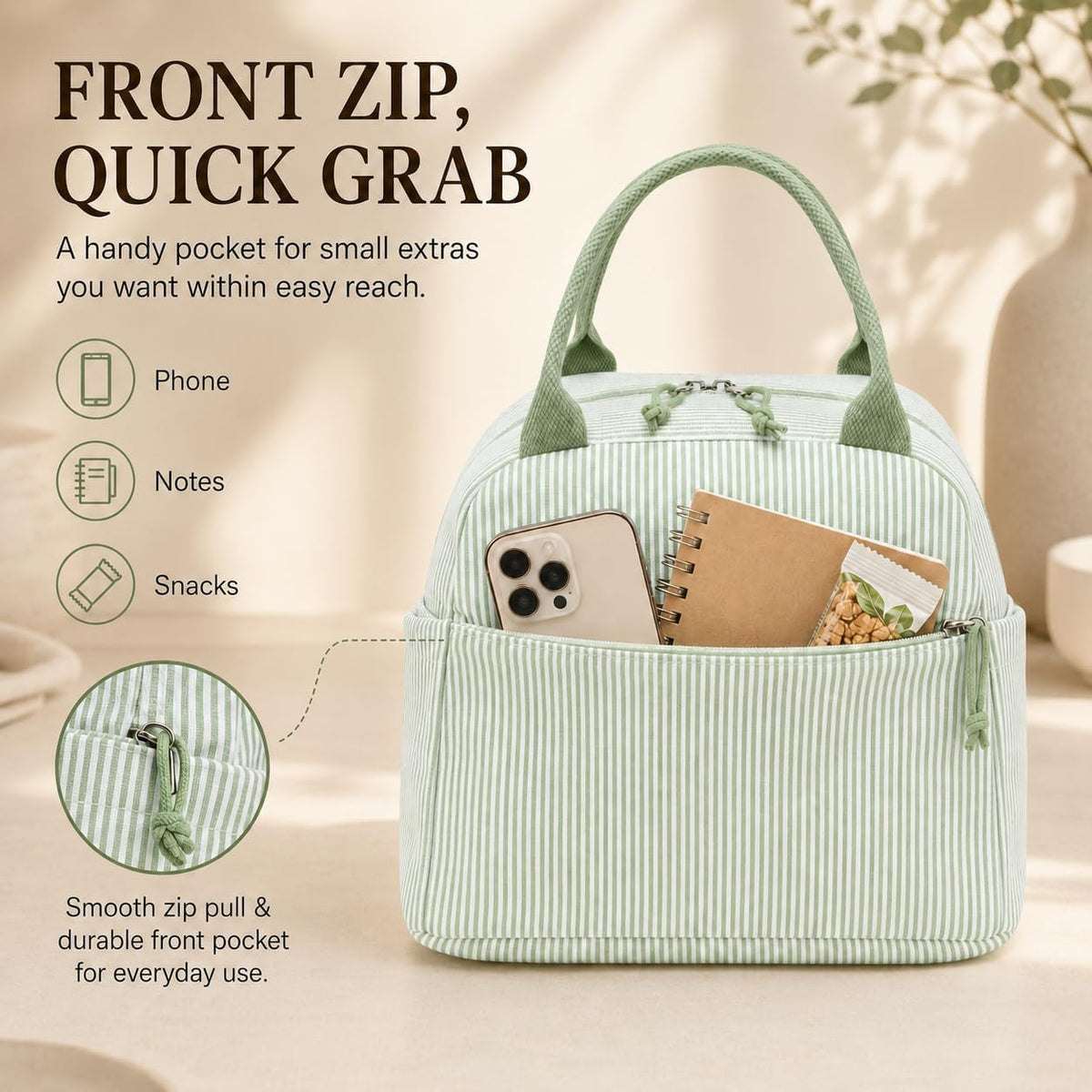 Lunch Box for Women Cute Lunch Bag Reusable Insulated Lunch Bags Large Capacity Lunchbox Cooler for Work Picnic or Travel Gifts (A Sage Green White Stripes, 10 x 7.5 x 8 inches)