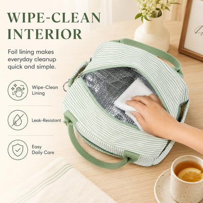 Lunch Box for Women Cute Lunch Bag Reusable Insulated Lunch Bags Large Capacity Lunchbox Cooler for Work Picnic or Travel Gifts (A Sage Green White Stripes, 10 x 7.5 x 8 inches)