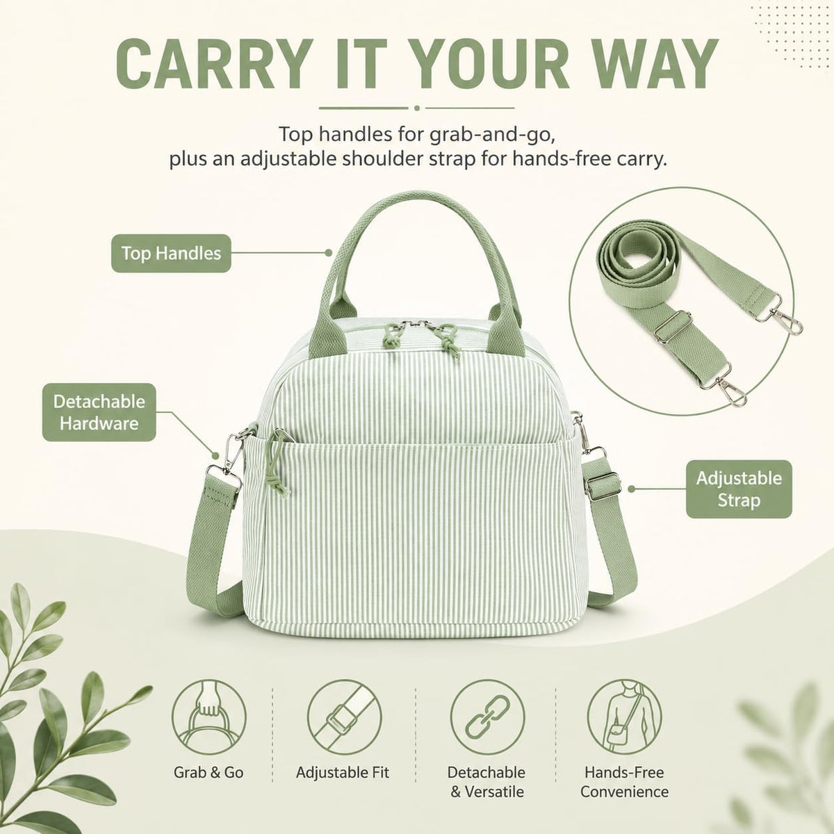 Lunch Box for Women Cute Lunch Bag Reusable Insulated Lunch Bags Large Capacity Lunchbox Cooler for Work Picnic or Travel Gifts (A Sage Green White Stripes, 10 x 7.5 x 8 inches)