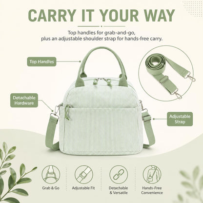 Lunch Box for Women Cute Lunch Bag Reusable Insulated Lunch Bags Large Capacity Lunchbox Cooler for Work Picnic or Travel Gifts (A Sage Green White Stripes, 10 x 7.5 x 8 inches)