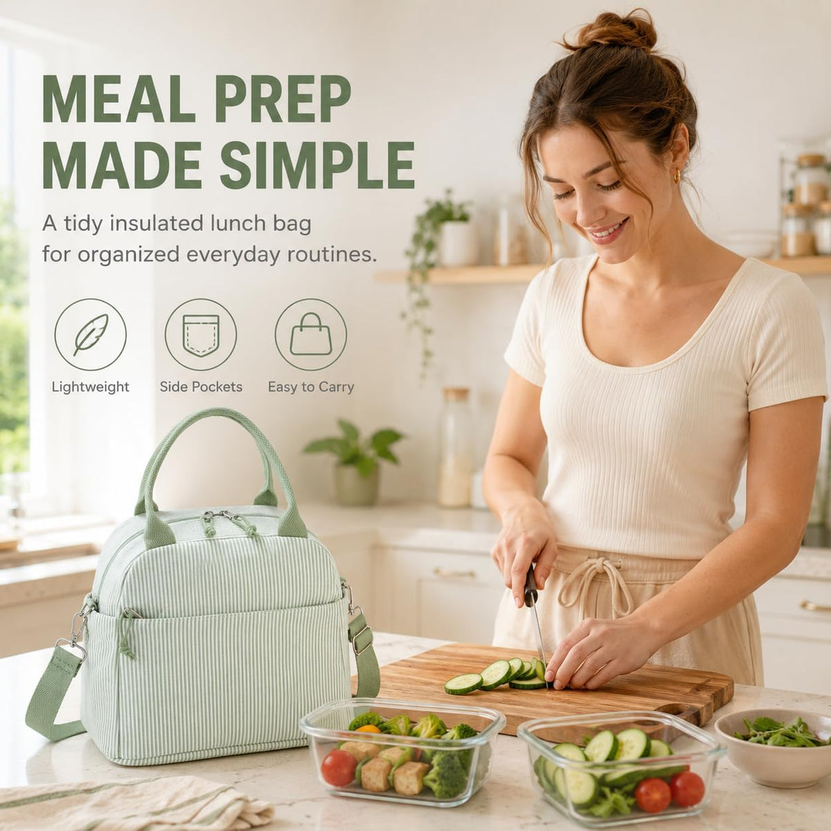 Lunch Box for Women Cute Lunch Bag Reusable Insulated Lunch Bags Large Capacity Lunchbox Cooler for Work Picnic or Travel Gifts (A Sage Green White Stripes, 10 x 7.5 x 8 inches)