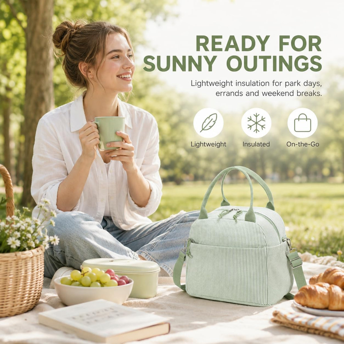 Lunch Box for Women Cute Lunch Bag Reusable Insulated Lunch Bags Large Capacity Lunchbox Cooler for Work Picnic or Travel Gifts (A Sage Green White Stripes, 10 x 7.5 x 8 inches)