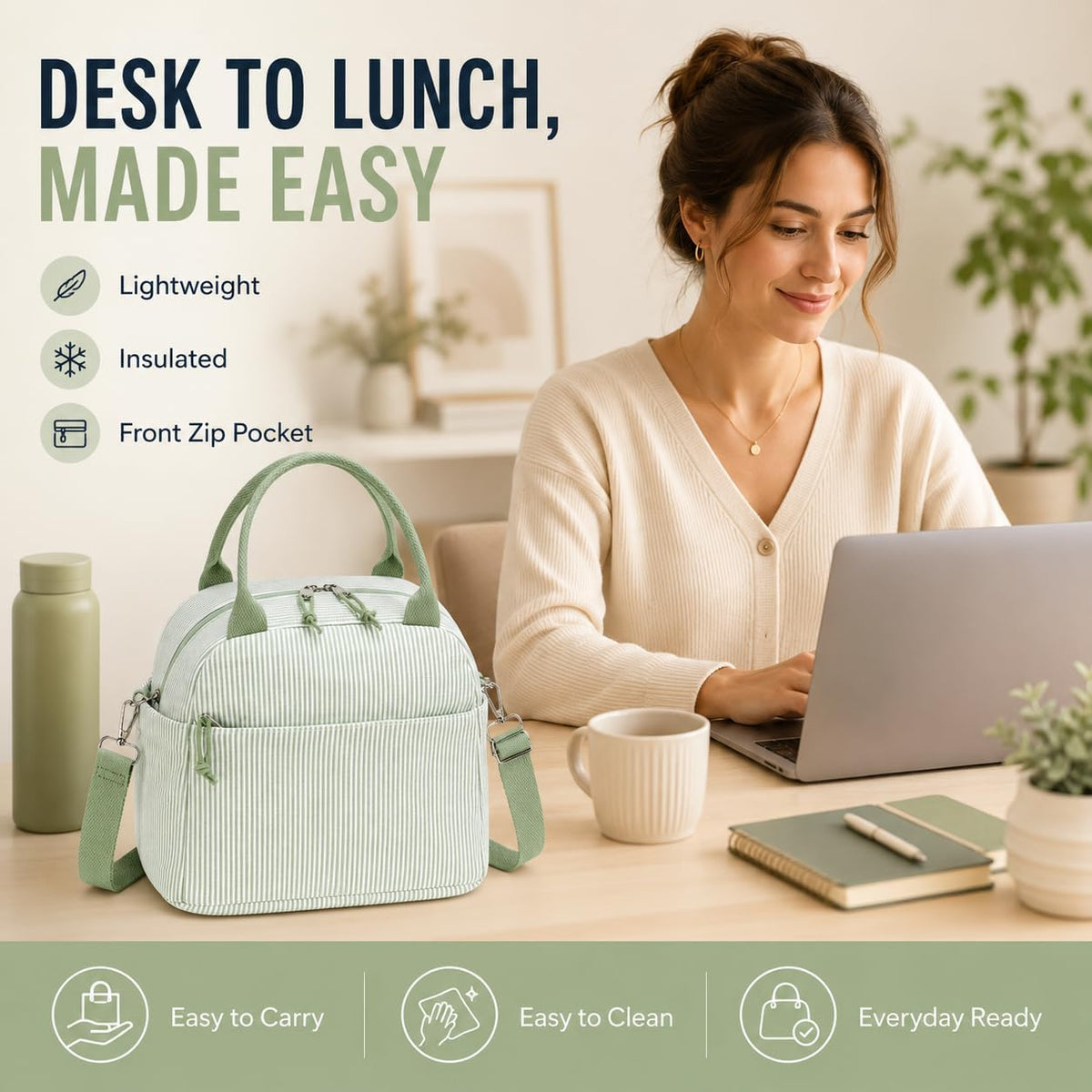 Lunch Box for Women Cute Lunch Bag Reusable Insulated Lunch Bags Large Capacity Lunchbox Cooler for Work Picnic or Travel Gifts (A Sage Green White Stripes, 10 x 7.5 x 8 inches)
