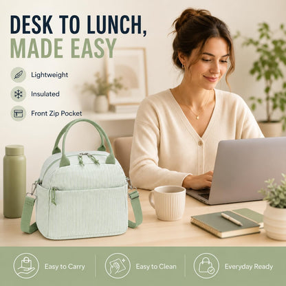 Lunch Box for Women Cute Lunch Bag Reusable Insulated Lunch Bags Large Capacity Lunchbox Cooler for Work Picnic or Travel Gifts (A Sage Green White Stripes, 10 x 7.5 x 8 inches)