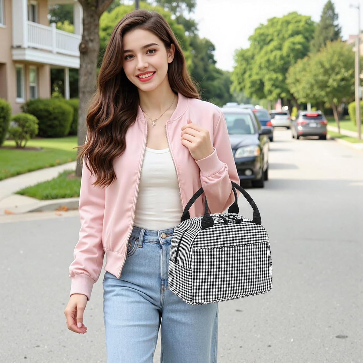 Lunch Box for Women Cute Lunch Bag Reusable Insulated Lunch Bags Large Capacity Lunchbox Cooler for Work Picnic or Travel Gifts (A Sage Green White Stripes, 10 x 7.5 x 8 inches)