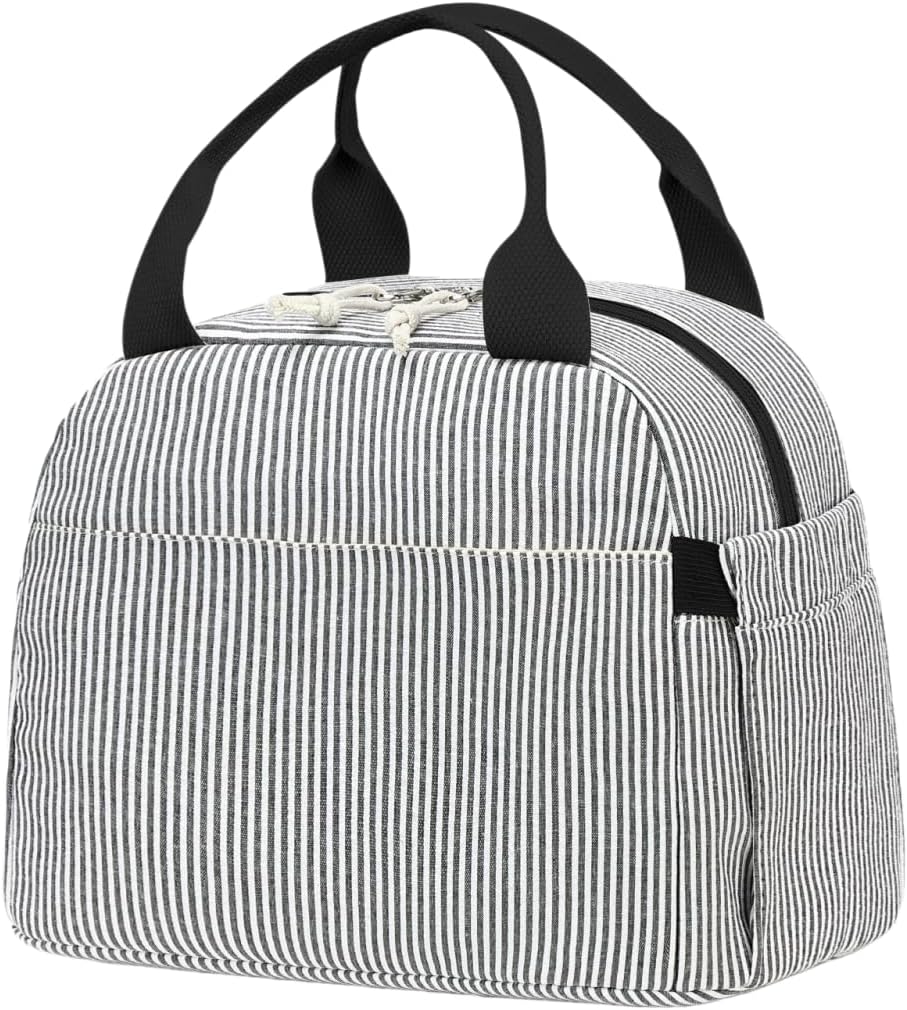 Lunch Box for Women Cute Lunch Bag Reusable Insulated Lunch Bags Large Capacity Lunchbox Cooler for Work Picnic or Travel Gifts (A Sage Green White Stripes, 10 x 7.5 x 8 inches)