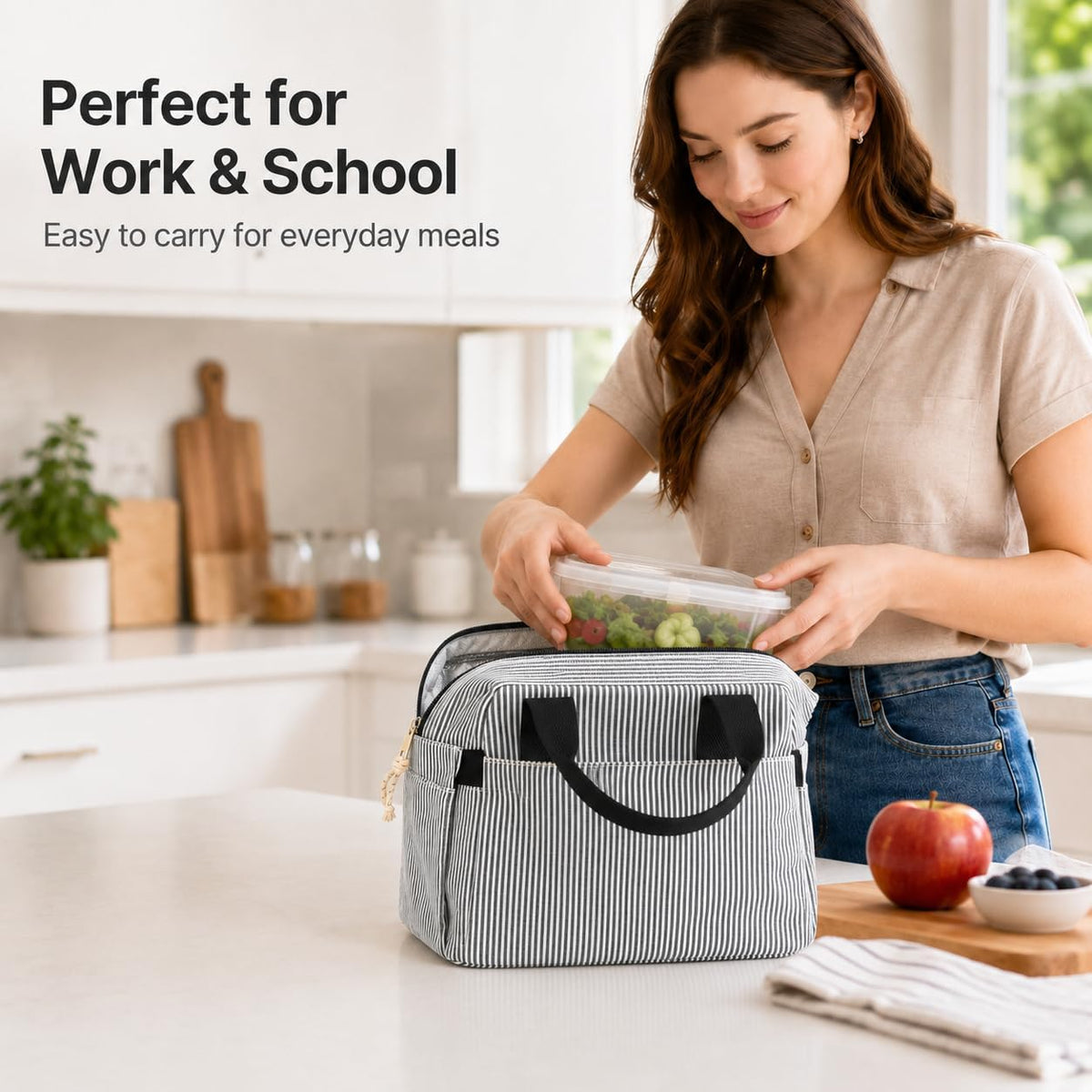 Lunch Box for Women Cute Lunch Bag Reusable Insulated Lunch Bags Large Capacity Lunchbox Cooler for Work Picnic or Travel Gifts (A Sage Green White Stripes, 10 x 7.5 x 8 inches)