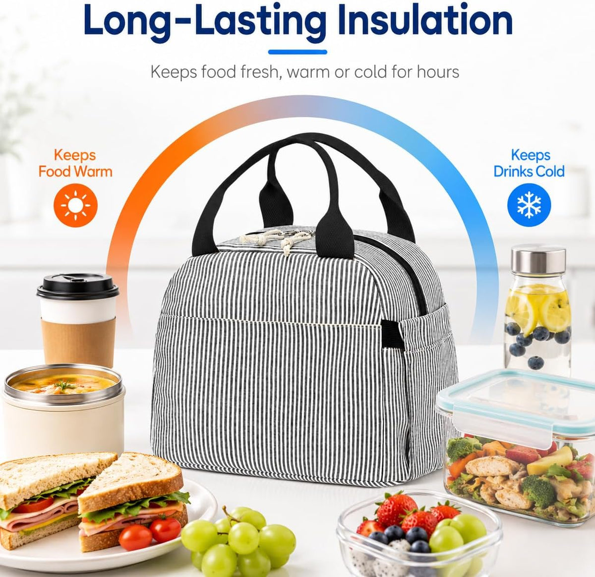 Lunch Box for Women Cute Lunch Bag Reusable Insulated Lunch Bags Large Capacity Lunchbox Cooler for Work Picnic or Travel Gifts (A Sage Green White Stripes, 10 x 7.5 x 8 inches)