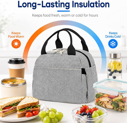 Lunch Box for Women Cute Lunch Bag Reusable Insulated Lunch Bags Large Capacity Lunchbox Cooler for Work Picnic or Travel Gifts (A Sage Green White Stripes, 10 x 7.5 x 8 inches)