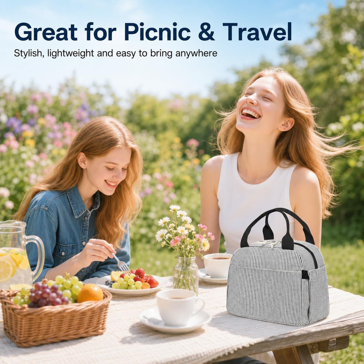 Lunch Box for Women Cute Lunch Bag Reusable Insulated Lunch Bags Large Capacity Lunchbox Cooler for Work Picnic or Travel Gifts (A Sage Green White Stripes, 10 x 7.5 x 8 inches)