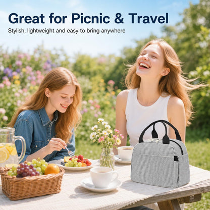 Lunch Box for Women Cute Lunch Bag Reusable Insulated Lunch Bags Large Capacity Lunchbox Cooler for Work Picnic or Travel Gifts (A Sage Green White Stripes, 10 x 7.5 x 8 inches)
