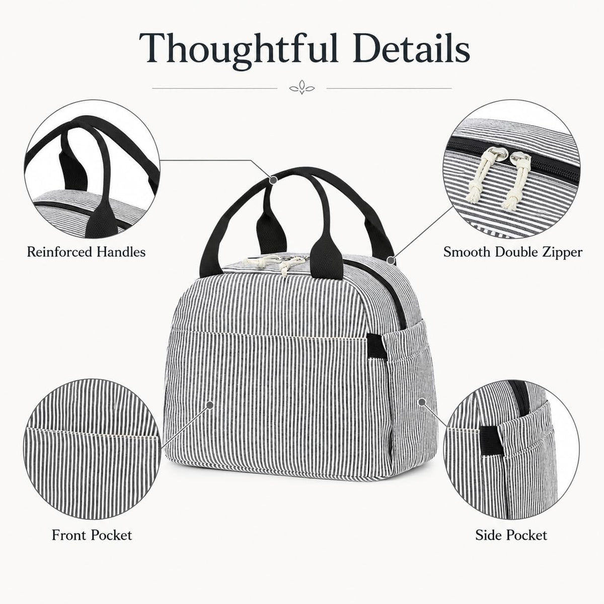 Lunch Box for Women Cute Lunch Bag Reusable Insulated Lunch Bags Large Capacity Lunchbox Cooler for Work Picnic or Travel Gifts (A Sage Green White Stripes, 10 x 7.5 x 8 inches)