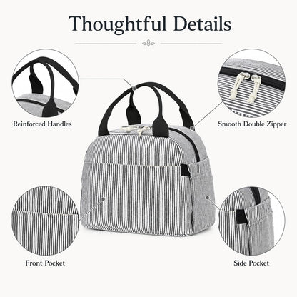 Lunch Box for Women Cute Lunch Bag Reusable Insulated Lunch Bags Large Capacity Lunchbox Cooler for Work Picnic or Travel Gifts (A Sage Green White Stripes, 10 x 7.5 x 8 inches)