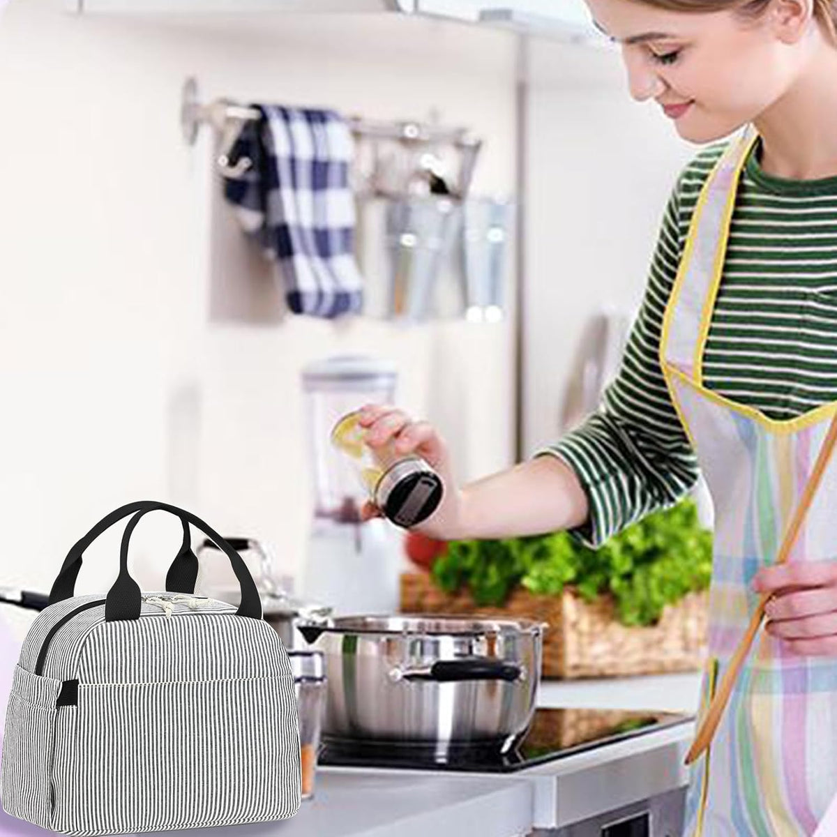 Lunch Box for Women Cute Lunch Bag Reusable Insulated Lunch Bags Large Capacity Lunchbox Cooler for Work Picnic or Travel Gifts (A Sage Green White Stripes, 10 x 7.5 x 8 inches)