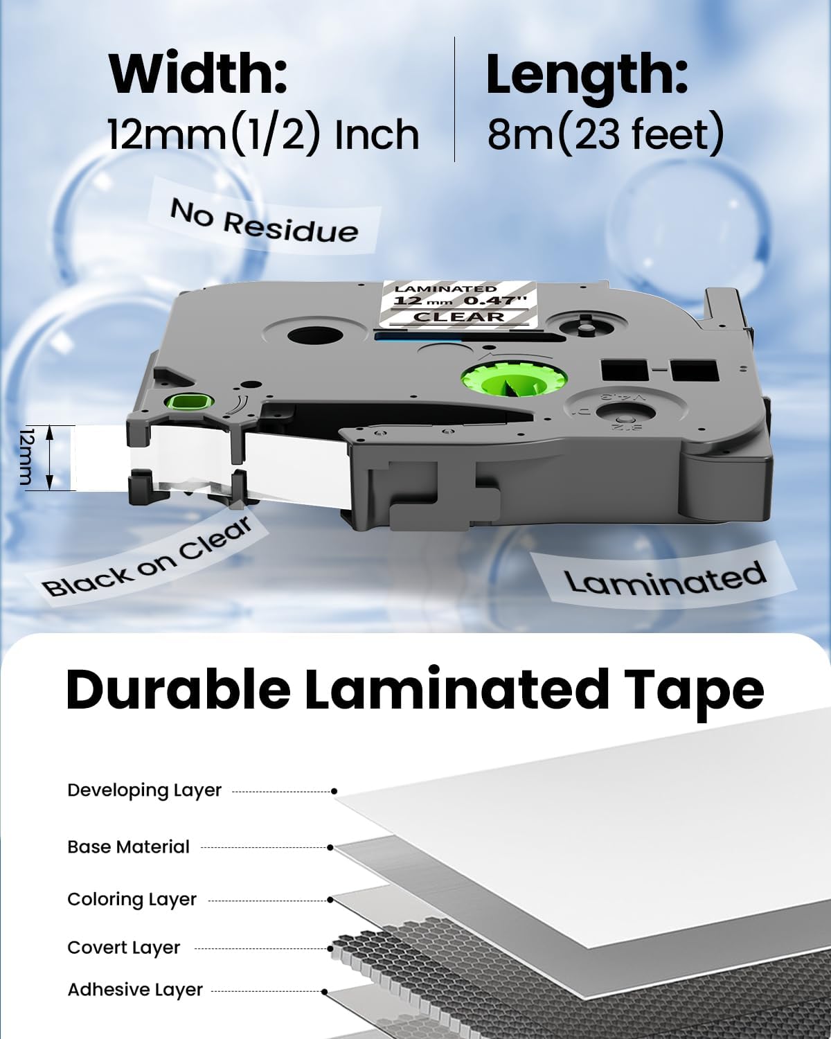 Compatible with Brother Label Maker Tape Clear TZ 12mm 0.47 Inch Ptouch | Label Tape Black on Clear TZe-131 TZe131 P Touch Refills for PT-H103w 2040 PTD210 PTH100 PTD220, 1/2 Inch 26.2 Ft, 2 Pack