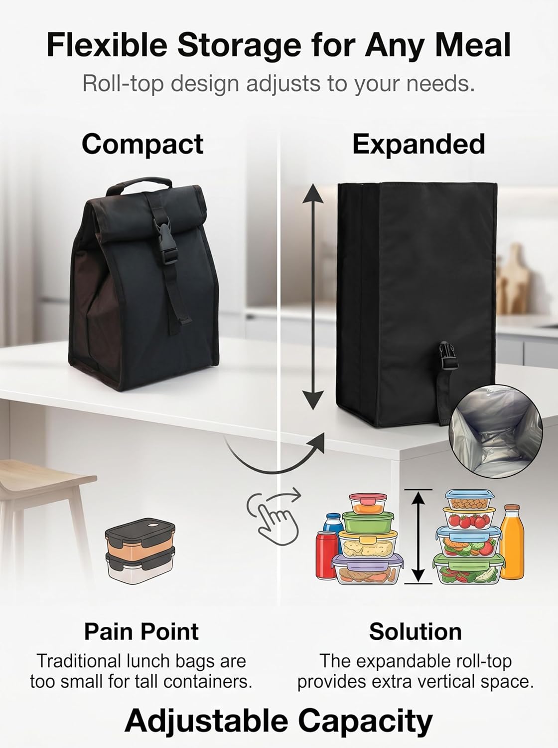 Insulated Foldable Lunch Bag- Lightweight Portable with Adjustable Shoulder Strap Lunch Box for Men, Women, Office, Work, Picnic, Hiking and Beach