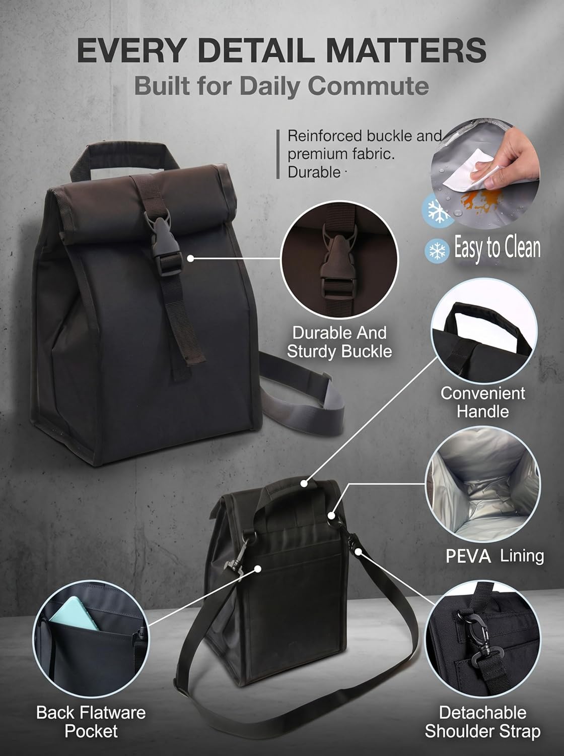Insulated Foldable Lunch Bag- Lightweight Portable with Adjustable Shoulder Strap Lunch Box for Men, Women, Office, Work, Picnic, Hiking and Beach