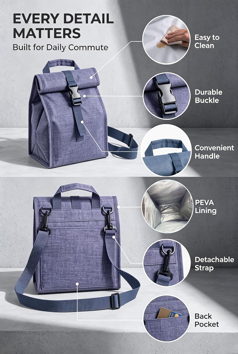 Insulated Foldable Lunch Bag- Lightweight Portable with Adjustable Shoulder Strap Lunch Box for Men, Women, Office, Work, Picnic, Hiking and Beach