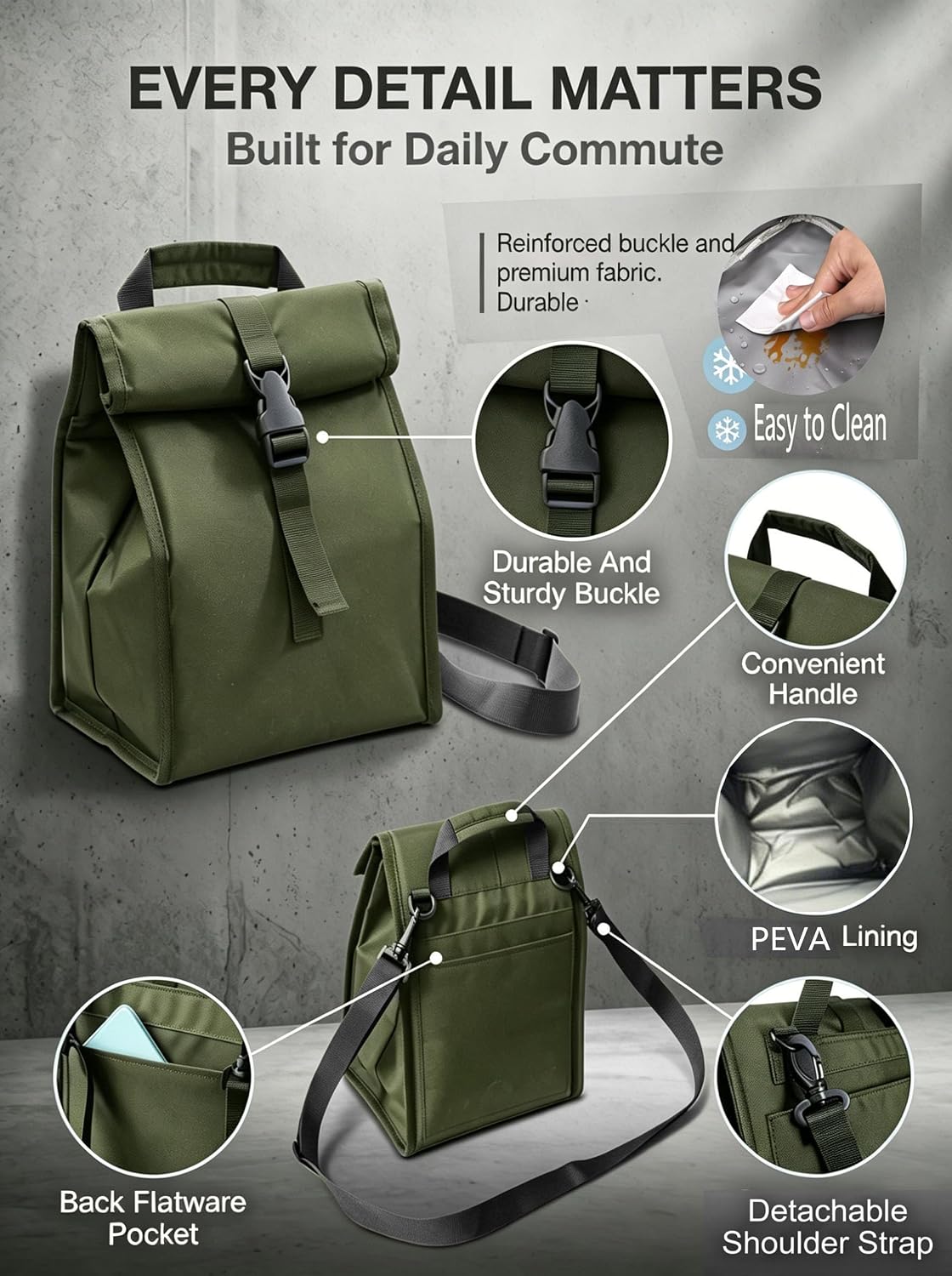 Insulated Foldable Lunch Bag- Lightweight Portable with Adjustable Shoulder Strap Lunch Box for Men, Women, Office, Work, Picnic, Hiking and Beach
