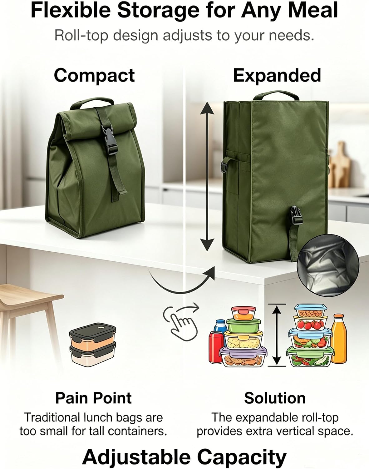 Insulated Foldable Lunch Bag- Lightweight Portable with Adjustable Shoulder Strap Lunch Box for Men, Women, Office, Work, Picnic, Hiking and Beach
