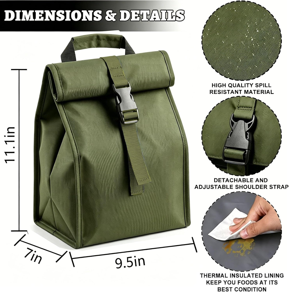 Insulated Foldable Lunch Bag- Lightweight Portable with Adjustable Shoulder Strap Lunch Box for Men, Women, Office, Work, Picnic, Hiking and Beach