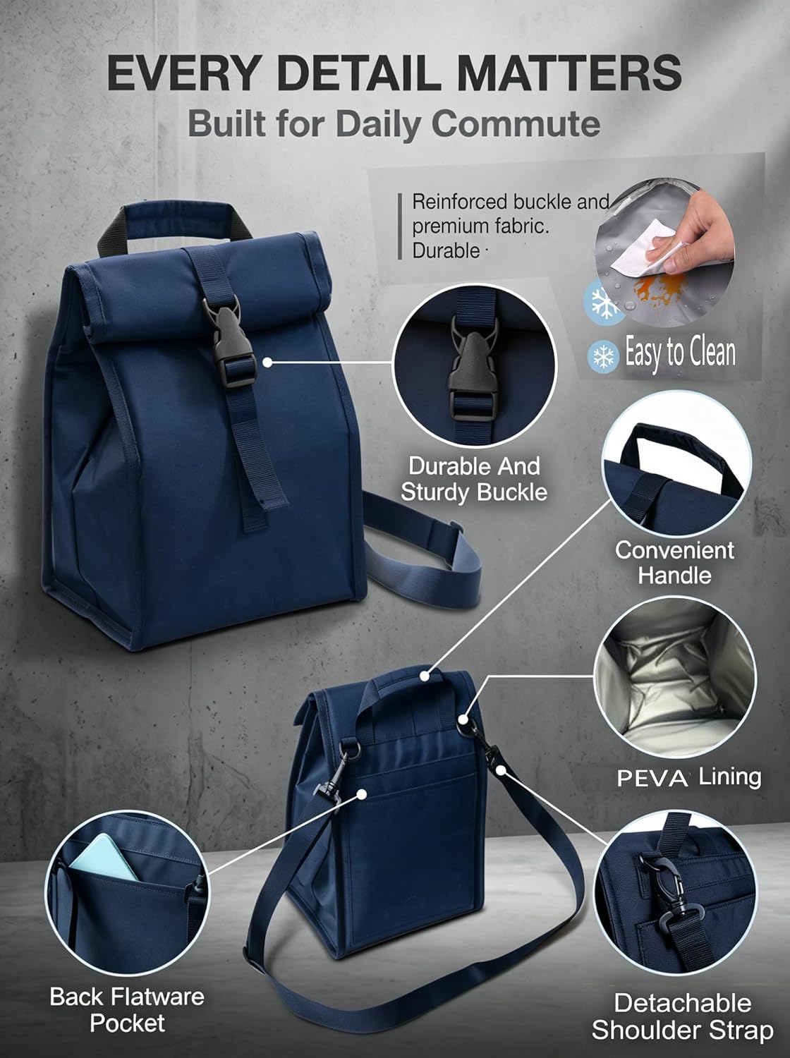 Insulated Foldable Lunch Bag- Lightweight Portable with Adjustable Shoulder Strap Lunch Box for Men, Women, Office, Work, Picnic, Hiking and Beach