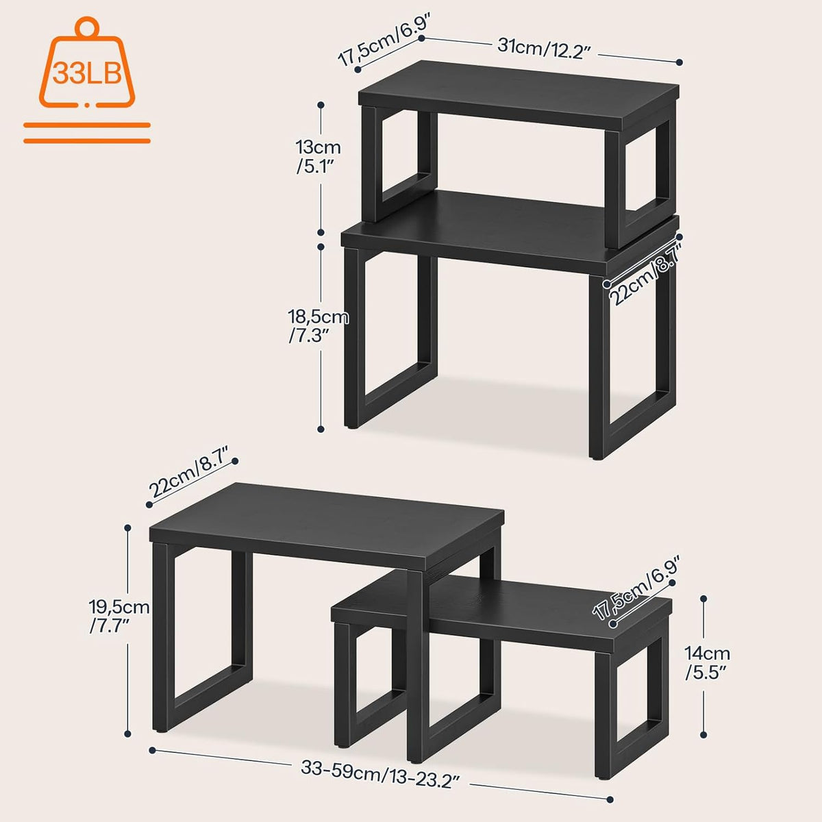 Cabinet Organizer Shelf, Set of 2 Kitchen Counter Shelves, Expandable Kitchen Storage, Stackable Bamboo Spice Rack, for Kitchen, Countertop, Office Desk, Living Room, Mocha MA20TL01