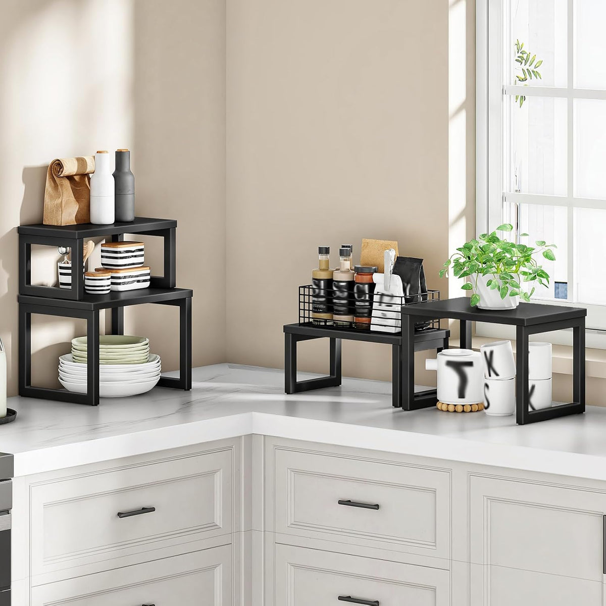 Cabinet Organizer Shelf, Set of 2 Kitchen Counter Shelves, Expandable Kitchen Storage, Stackable Bamboo Spice Rack, for Kitchen, Countertop, Office Desk, Living Room, Mocha MA20TL01