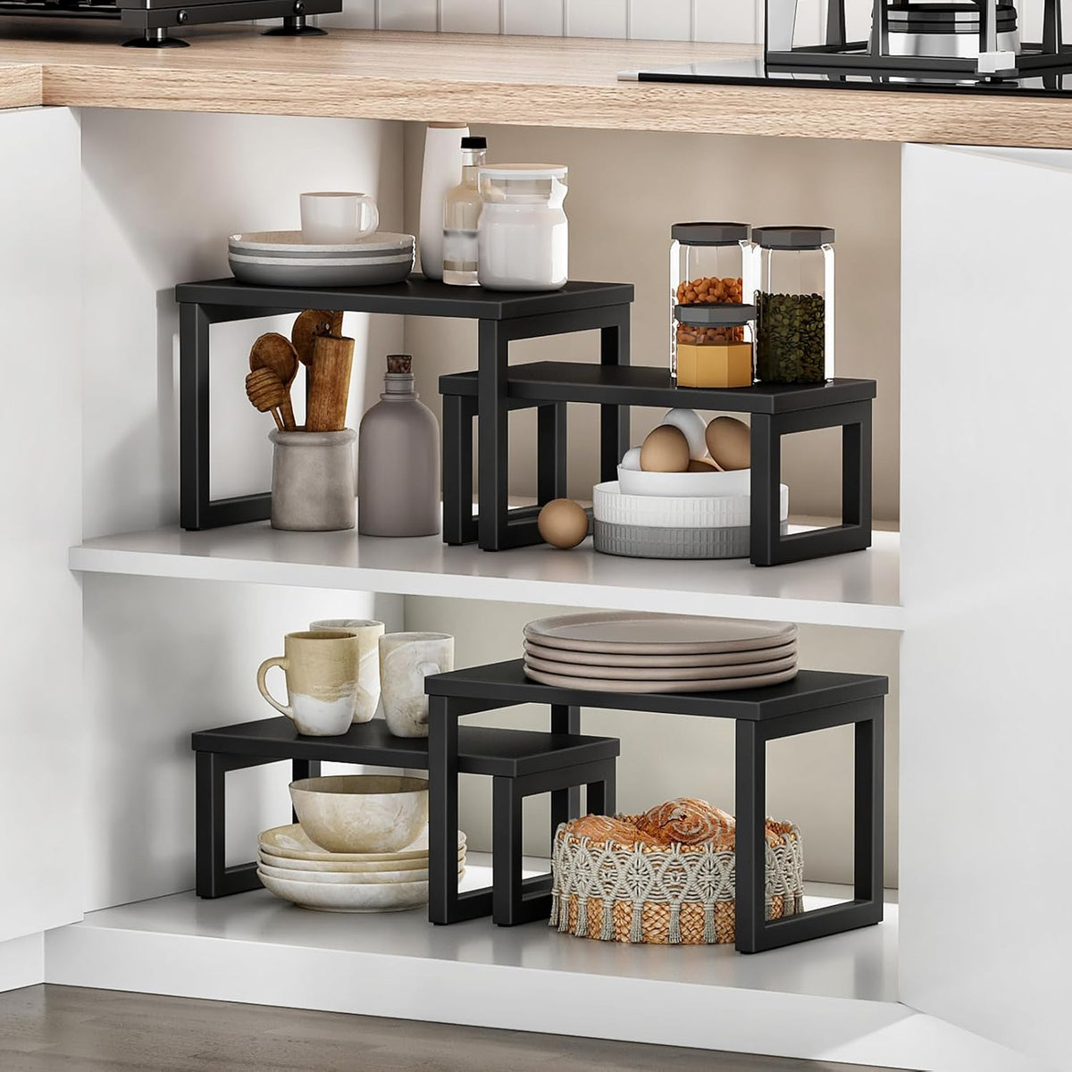 Cabinet Organizer Shelf, Set of 2 Kitchen Counter Shelves, Expandable Kitchen Storage, Stackable Bamboo Spice Rack, for Kitchen, Countertop, Office Desk, Living Room, Mocha MA20TL01